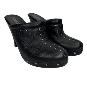 Vintage Y2K 90s Whimsigoth Y-Not? Black Leather Studded Clogs Sz 8 Chunky Heels